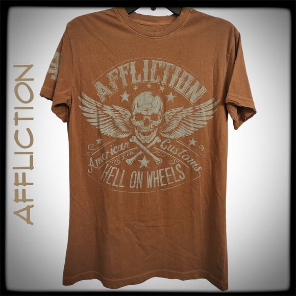 AFFLICTION American Customs Hell on Wheels Winged Skull T-Shirt Orange Men's S - Picture 1 of 7